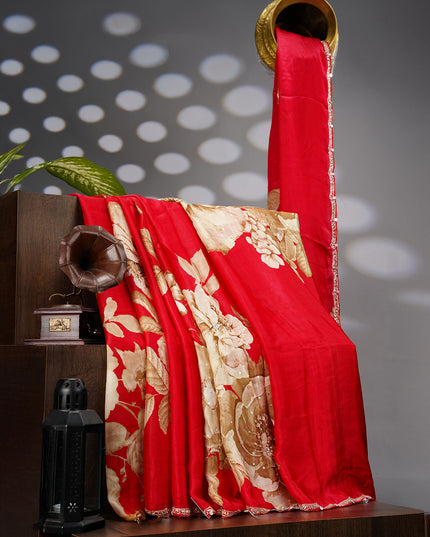 Binny Crepe Saree  Floral Print Scallop Border Kardhana Sequence Work - Red