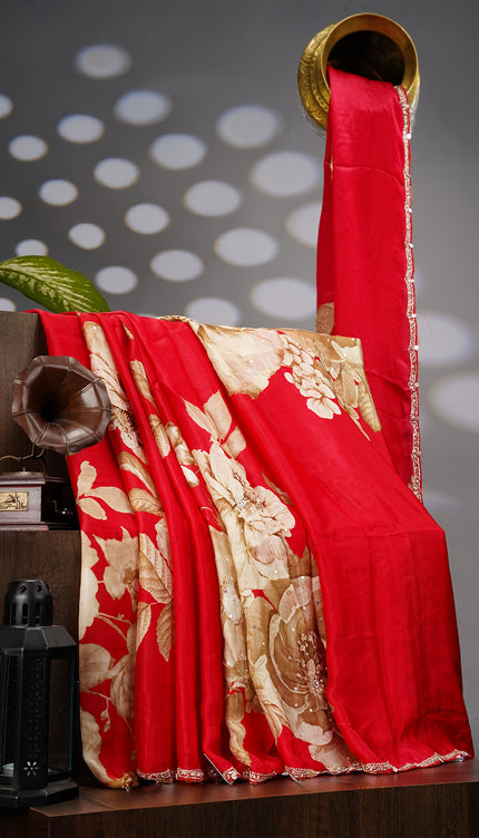 Binny Crepe Saree  Floral Print Scallop Border Kardhana Sequence Work - Red