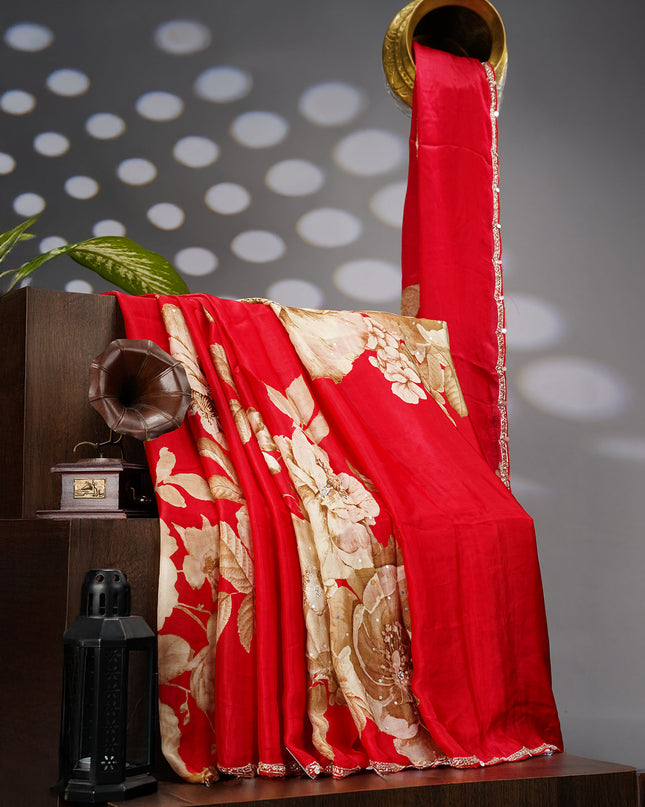Binny Crepe Saree  Floral Print Scallop Border Kardhana Sequence Work - Red