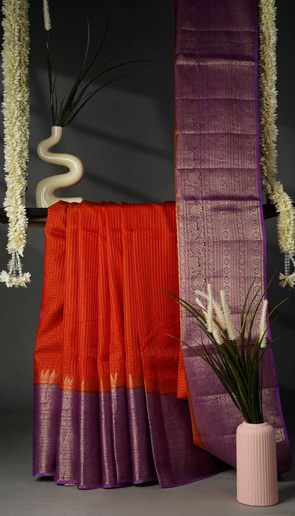 Green Silk All Over Golden Zari Weaving Checks Design with Kanchi Border- Orange