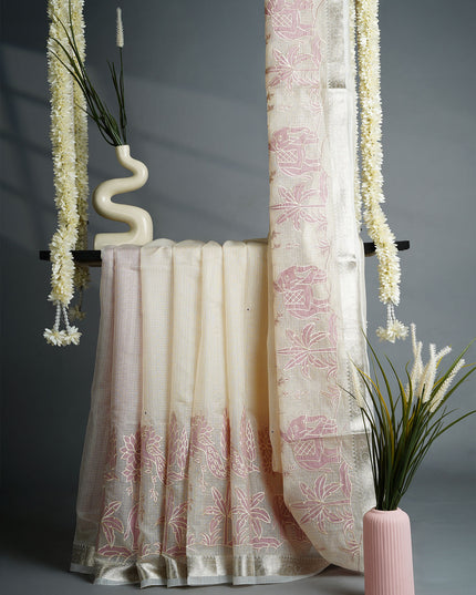 Silk Kota Saree with Mirror Work Applique Work with  Silver Border- Cream Onion Pink