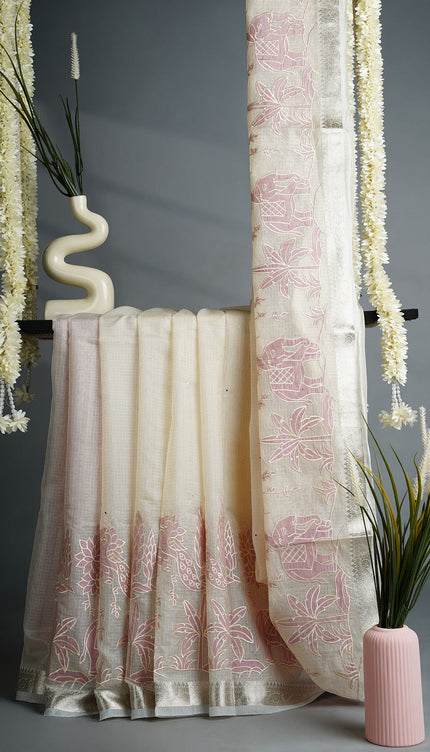 Silk Kota Saree with Mirror Work Applique Work with  Silver Border- Cream Onion Pink