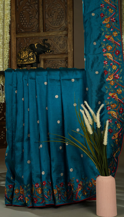 Dupion saree with  golden butties and thread work and border - Teal Blue