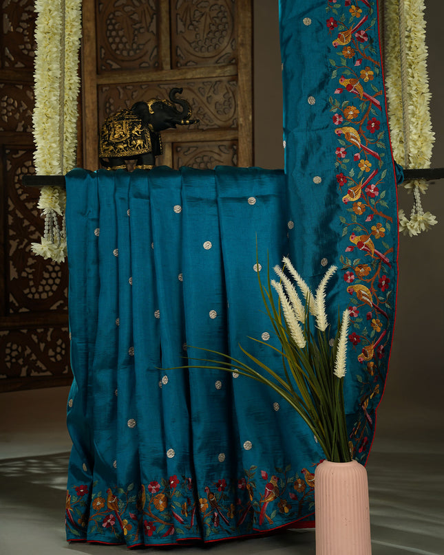 Dupion saree with  golden butties and thread work and border - Teal Blue