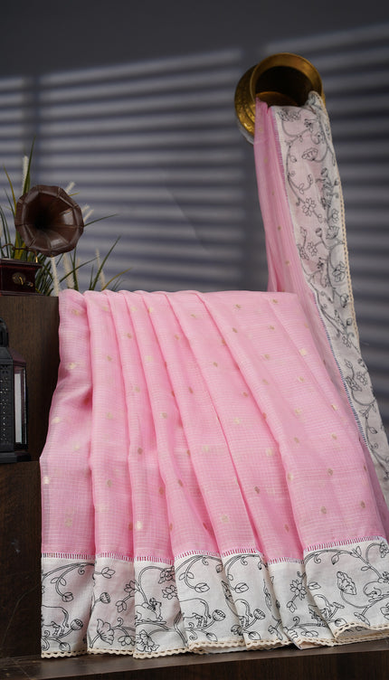 Silk Kota Saree With Gold Butties And Contrast Border With Thread Work - Baby Pink