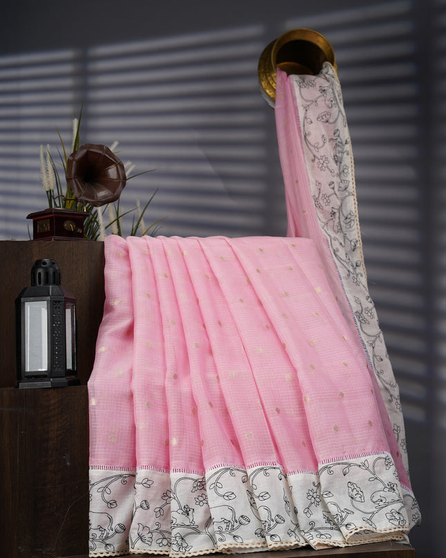 Silk Kota Saree With Gold Butties And Contrast Border With Thread Work - Baby Pink