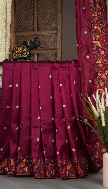 Dupion saree with  golden butties and thread work and border - Wine