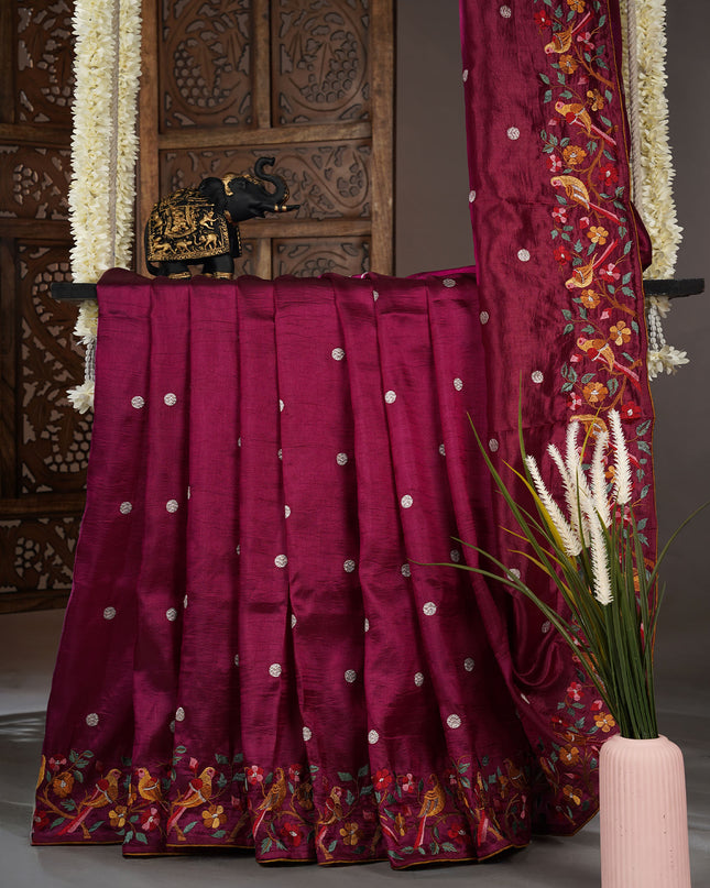Dupion saree with  golden butties and thread work and border - Wine