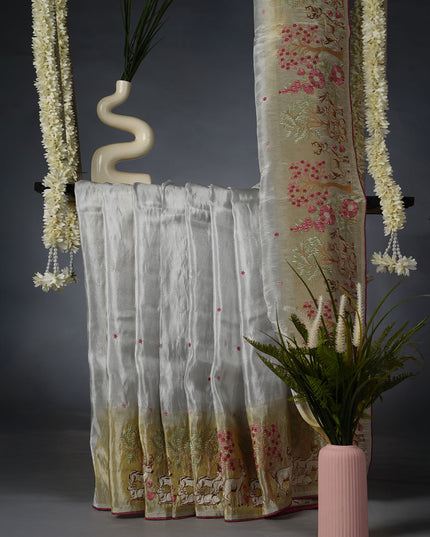 Tissue Crepe Saree with Thread Embroidery Work- Green