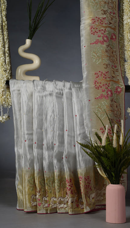 Tissue Crepe Saree with Thread Embroidery Work- Green