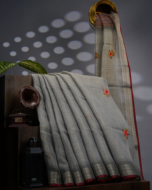 Tissue Linen Saree With Kantha Work & Contrast Border - Mint Blue