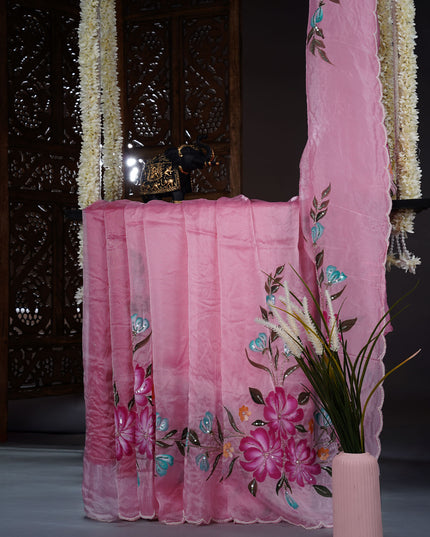 Italian Crape Saree with floral print and Kardana  Pearl Work With Scallop Border - Pink