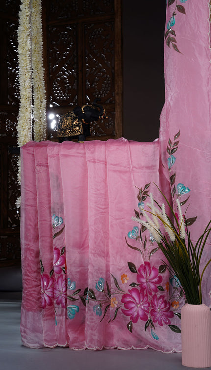Italian Crape Saree with floral print and Kardana  Pearl Work With Scallop Border - Pink