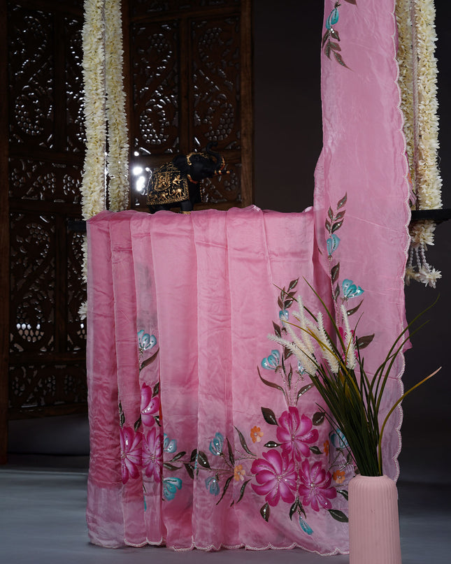 Italian Crape Saree with floral print and Kardana  Pearl Work With Scallop Border - Pink