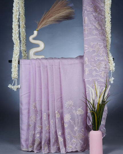 Kota Silk Saree With Applique Work and Scallop Border - Lavender