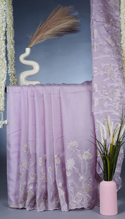 Kota Silk Saree With Applique Work and Scallop Border - Lavender