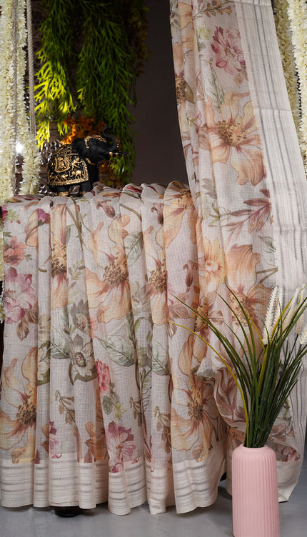 Kota Cotton Saree with Floral Print- Half White