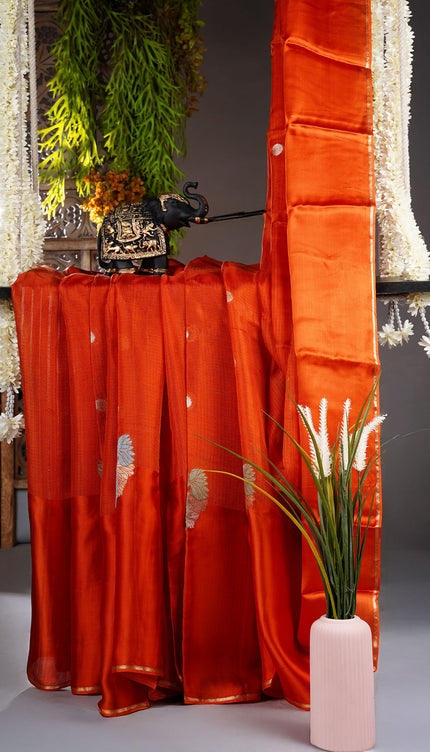 Kota Silk Saree with Golden and Meenakari Butties and Satin Border- Orange