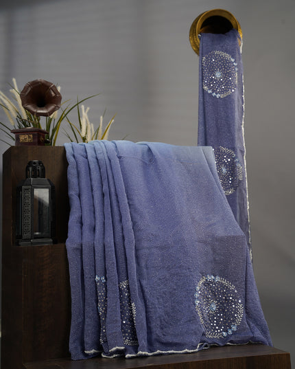 Georgette Saree With Scallop Border With Kardana & Pearl Work - Blue