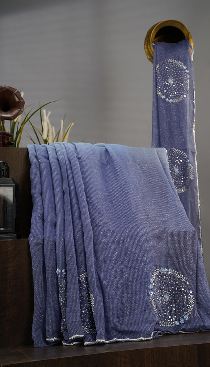 Georgette Saree With Scallop Border With Kardana & Pearl Work - Blue