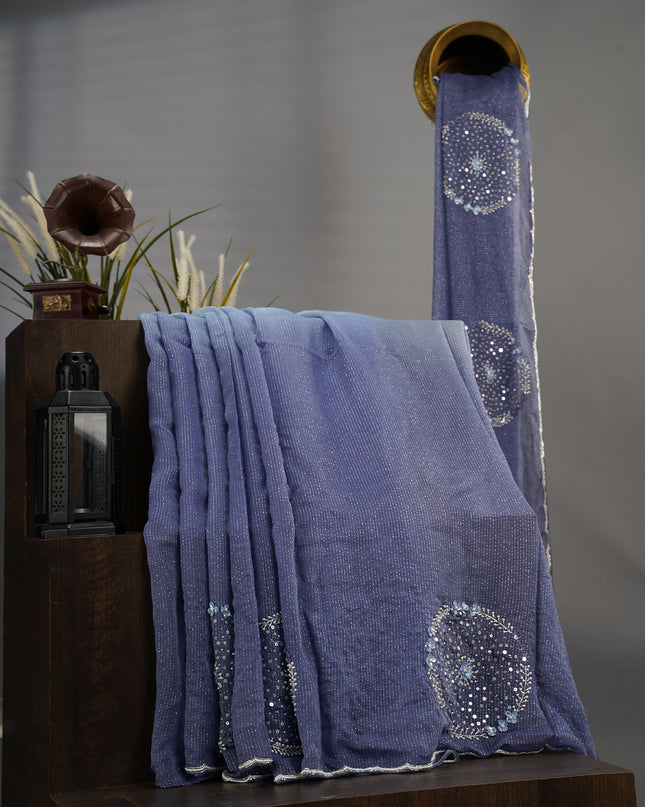 Georgette Saree With Scallop Border With Kardana & Pearl Work - Blue