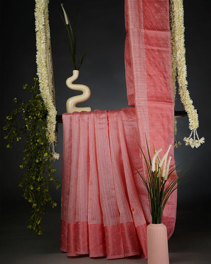Jute Lenin Silk Saree with Satin Border and Pearl Work Butties- Pink