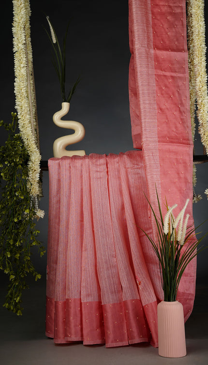 Jute Lenin Silk Saree with Satin Border and Pearl Work Butties- Pink
