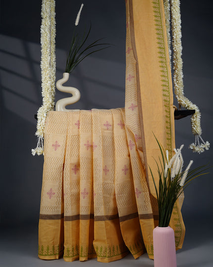 Handloom Cotton with Block Print- Tan