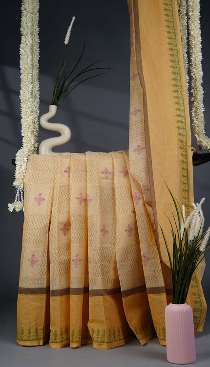 Handloom Cotton with Block Print- Tan