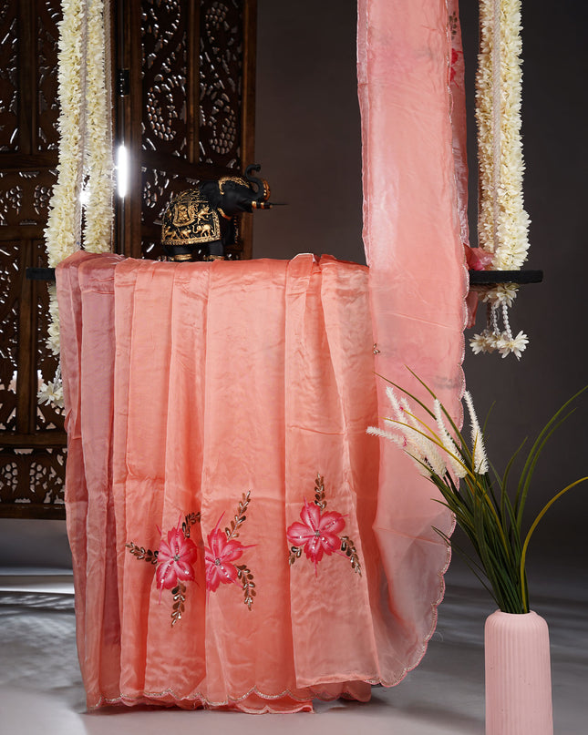 Russian Silk Saree Hand Painting Design With Kardana & Sequence Work Scallop Border With Pearl  Work - Lite Pink