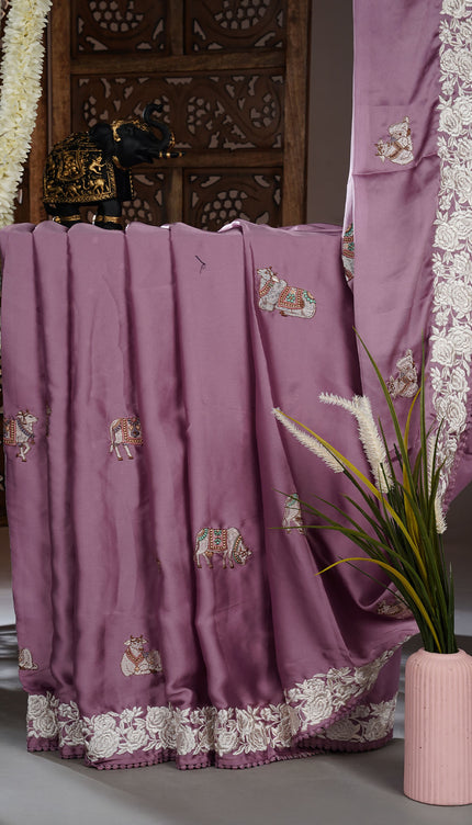 Mashru satin saree with pichwai butties and Parsi Work lace border - Onion Pink
