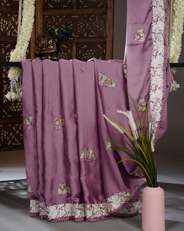 Mashru satin saree with pichwai butties and Parsi Work lace border - Onion Pink
