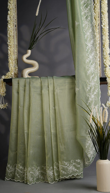 Organza Saree with Embroidery Butties and Border- Mint Green