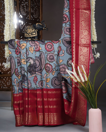 Binny crepe saree kalamkari design with golden border - Light Blue