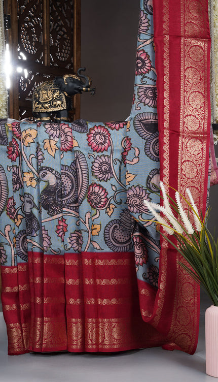 Binny crepe saree kalamkari design with golden border - Light Blue