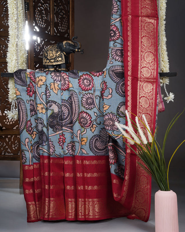 Binny crepe saree kalamkari design with golden border - Light Blue