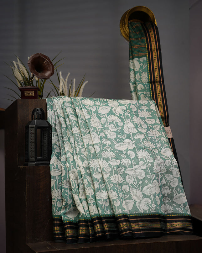 Mangalagiri Silk Digital Print Contrast Border - Sea Green