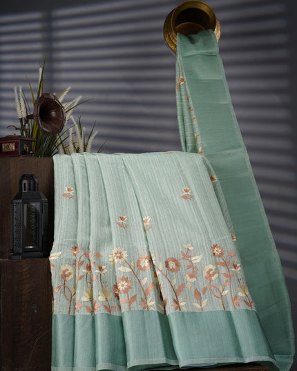 Jute Linen Saree With Thread Embroidery Butties & Satin Border - Sage Green