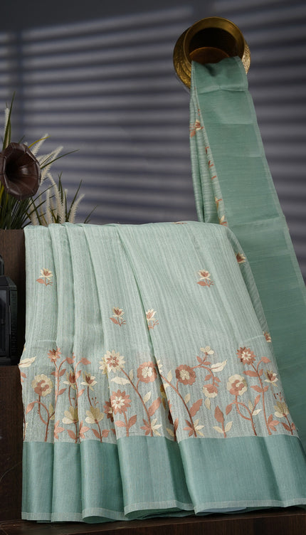 Jute Linen Saree With Thread Embroidery Butties & Satin Border - Sage Green