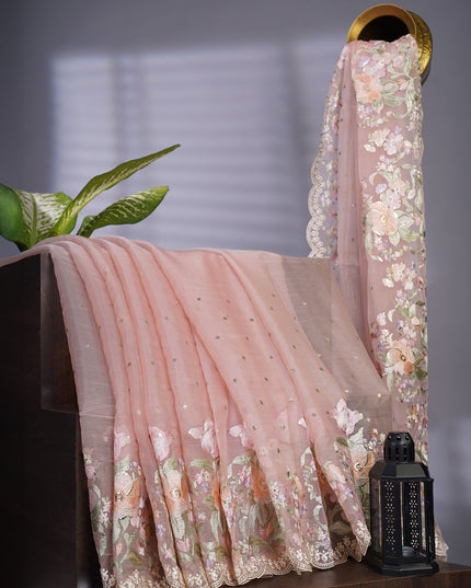 Soft Tissue Organza Silk with Thread Embroidery Scallop Border with Sequence Butties - Light Pink