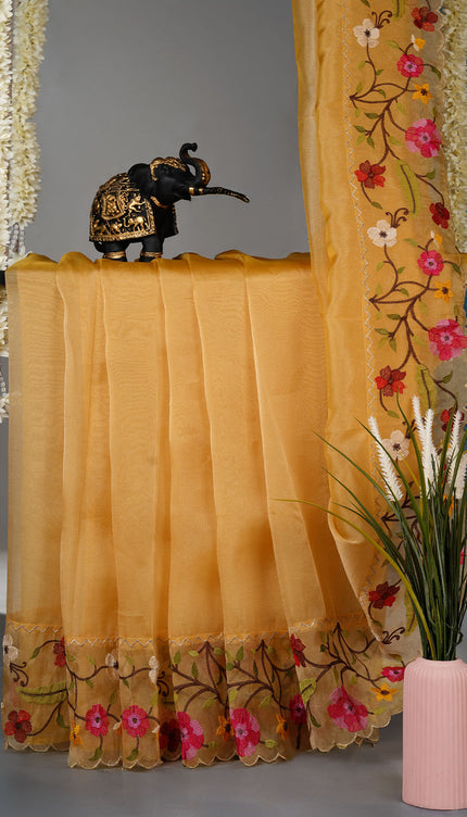 Soft tissue Organza saree with Thread work and scallop border - Yellow