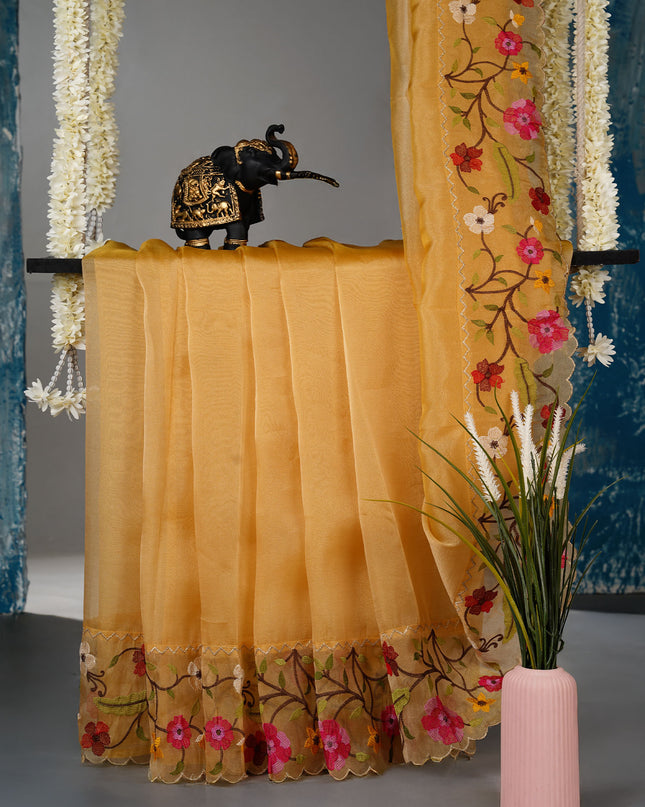 Soft tissue Organza saree with Thread work and scallop border - Yellow
