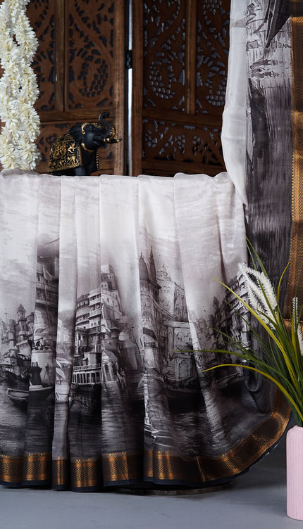 Muslin silk saree with Abstract Digital Printed and golden border - Black