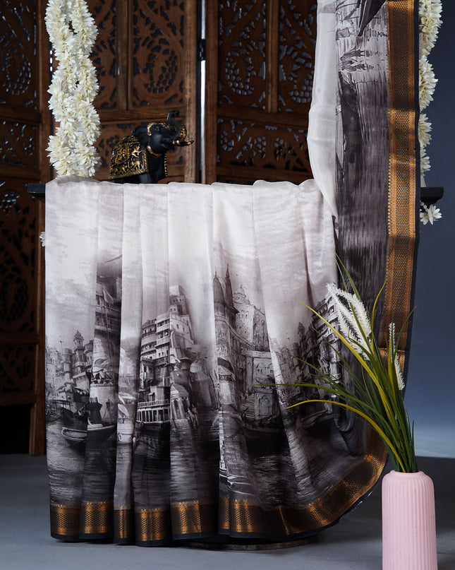Muslin silk saree with Abstract Digital Printed and golden border - Black
