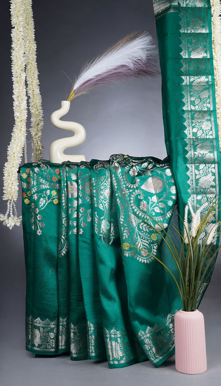 Raw Mango Saree With Meenakari Weaving - Green
