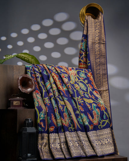 Banarasi Silk Saree With Allover Meenakari With Ari Work - Navy Blue