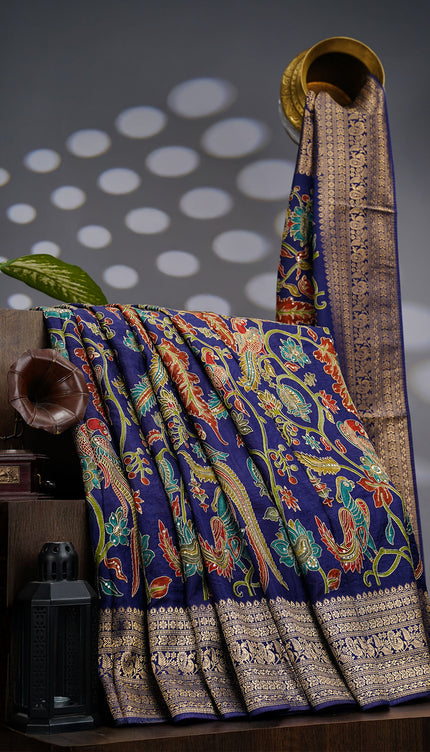 Banarasi Silk Saree With Allover Meenakari With Ari Work - Navy Blue