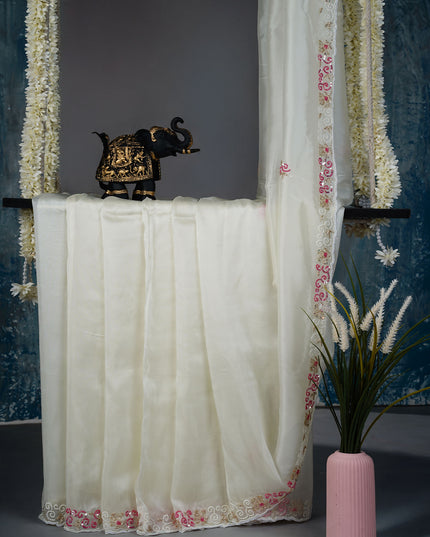 Russian crepe saree with Kardhana sequence butties and scallop border - Half White