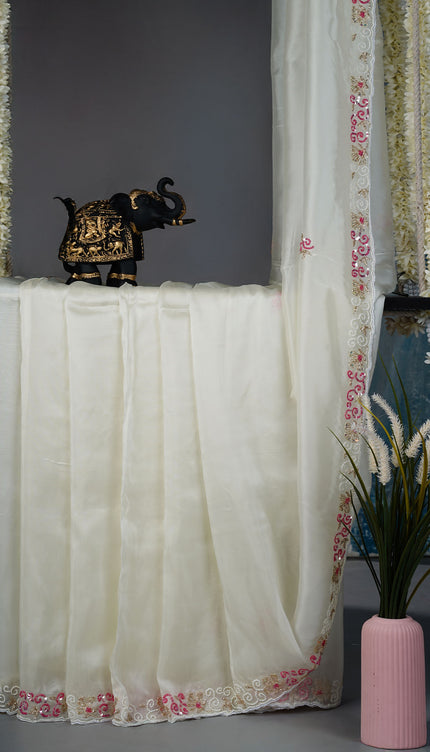 Russian crepe saree with Kardhana sequence butties and scallop border - Half White