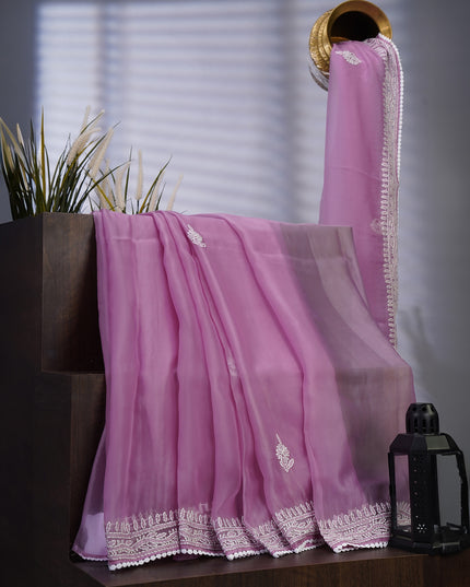 Soft Tissue Organza Silk with Kantha Work Lace Border - Lavender